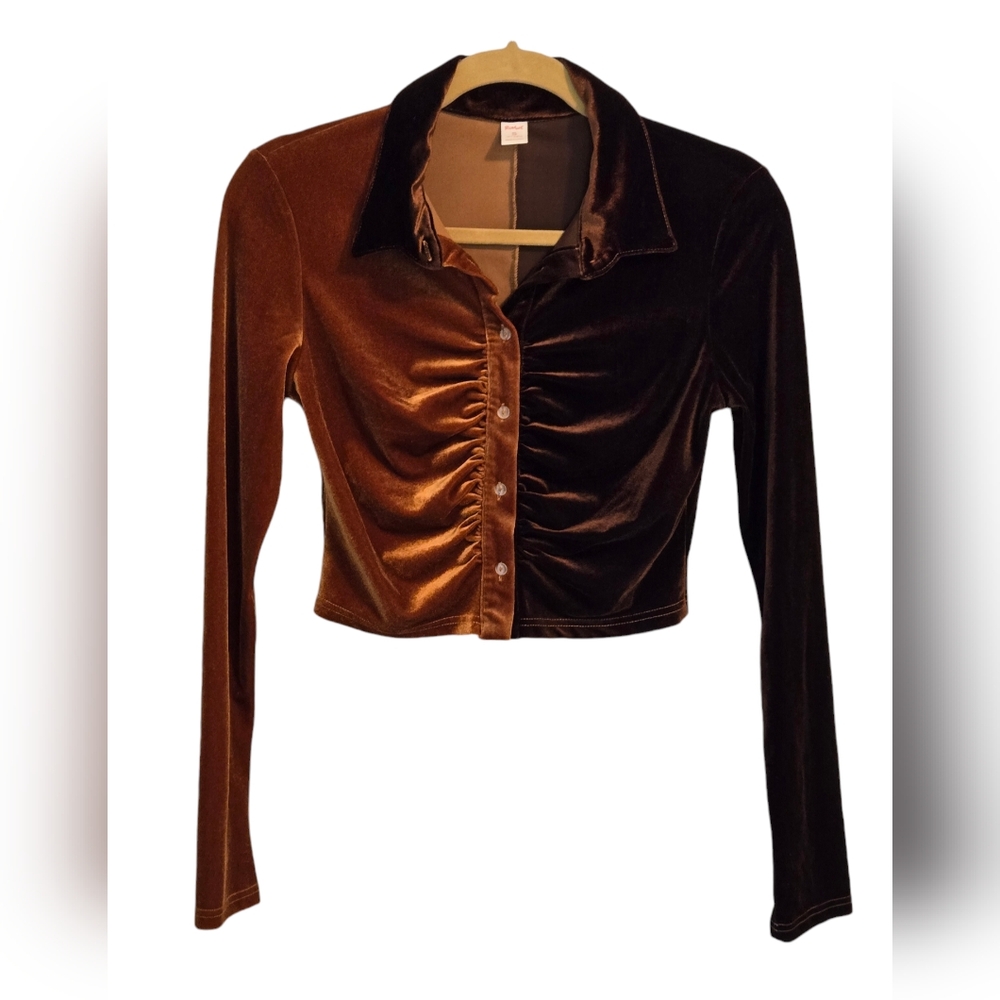 Romwe Two-tone Colorblock Long Sleeve Velvet Crop Top Sz Small Brown & Copper